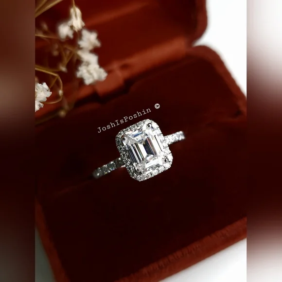 2.45Ctw Moissanite emerald shape engagement ring in rhodium over sterling silver